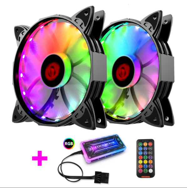 Cool Moon Amber Case Fan 12cm Desktop Silent Cooling Color-Changing Remote Control Color-Changing RGB Case Fan (2 Amber Fans + 1 Set of Controllers)