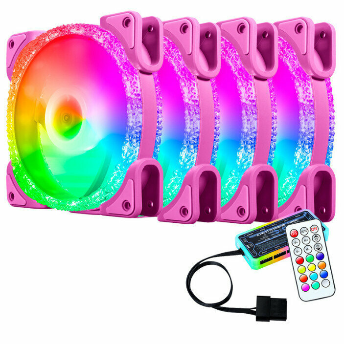 Computer Case Radiator Fantasy RGB Optical Case Fan (4 Ice Drills (1) Generation (Pink) + Standard Controller Fan + Standard Controller Set