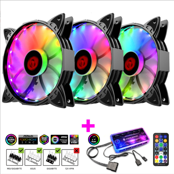 Cool Moon Amber Case Fan 12cm Desktop Silent Cooling Phantom Color Remote Control Color-Changing RGB Case Fan (3 Amber Fans + 1 Set of Music ARGB Controller)