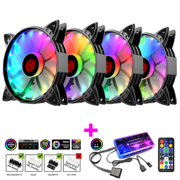 Cool Moon Amber Case Fan 12cm Desktop Silent Cooling Color-changing Remote Control Color-changing RGB Case Fan (4 Amber Fans + 1 Set of Music ARGB Controller)