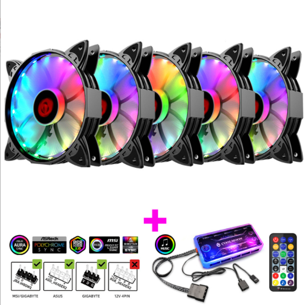 Cool Moon Amber Case Fan 12cm Desktop Silent Cooling Phantom Color Remote Control Color-changing RGB Case Fan (5 Amber Fans + 1 Set of Music ARGB Controllers)