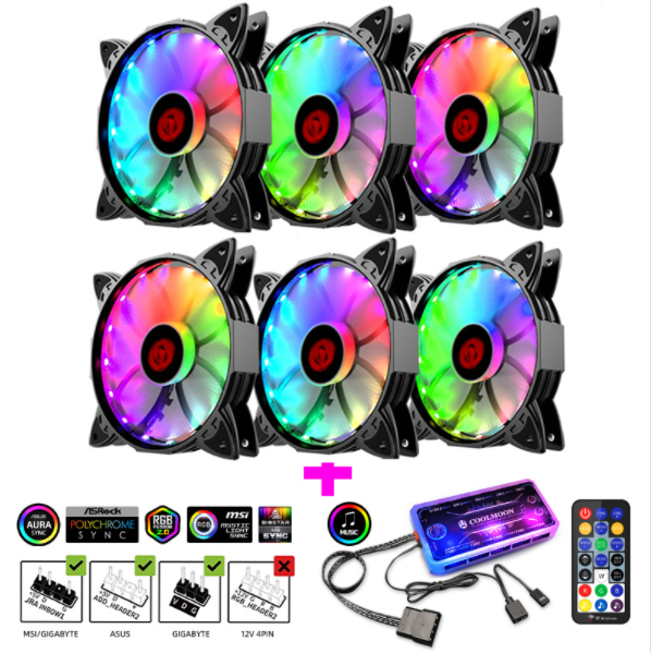 Cool Moon Amber Case Fan 12cm Desktop Silent Cooling Color-Changing Remote Control Color-Changing RGB Case Fan (6 Amber Fans + 1 Set of Music ARGB Controller)