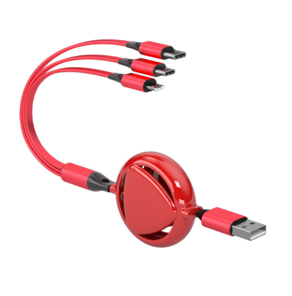 【2 Packs】Heart-shaped dual-control one-in-three telescopic data cable for Apple and Android Type-C 3-in-1 fast charging cable (China red)