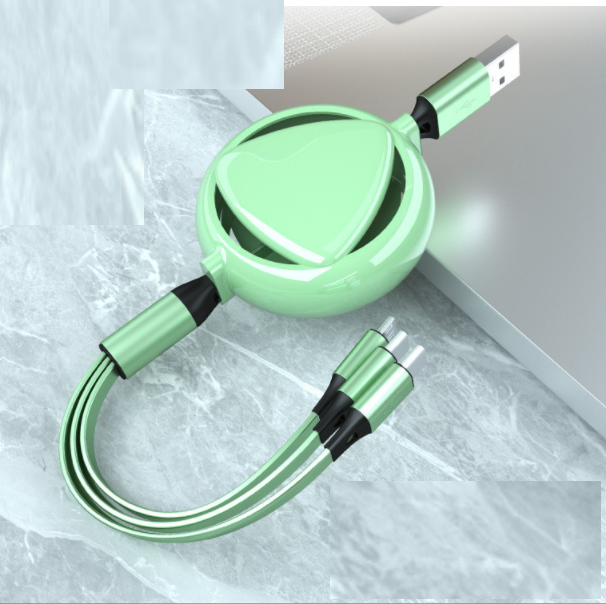 【2 Packs】Heart-shaped dual-control one-in-three telescopic data cable for Apple Android Type-C 3-in-1 fast charging cable (light green)