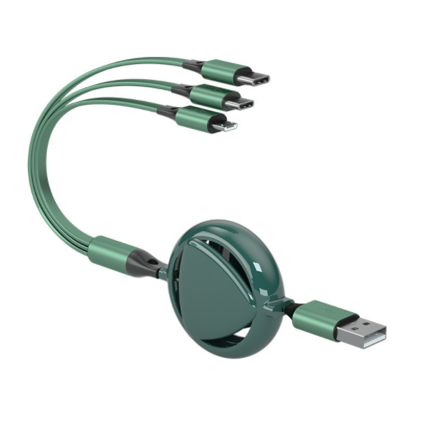 【2 Packs】Heart-shaped dual-control one-in-three telescopic data cable for Apple and Android Type-C 3-in-1 fast charging cable (dark green)