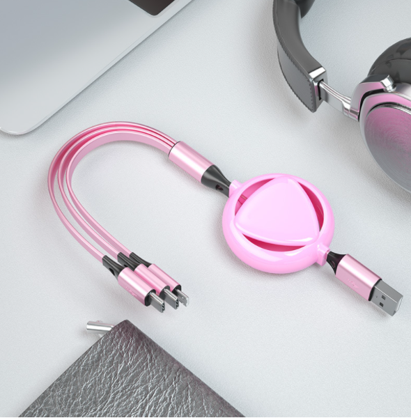 【2 Packs】Heart-shaped dual-control one-in-three telescopic data cable for Apple Android Type-C 3-in-1 fast charging cable (pink)