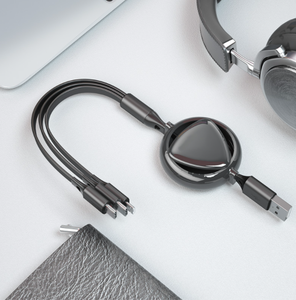 【2 Packs】Heart-shaped dual-control one-in-three telescopic data cable for Apple and Android Type-C 3-in-1 fast charging cable (black)