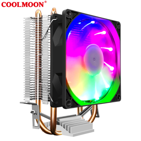 Cool Moon CPU Cooler Double Copper Tube 9cm Vertical Silent AMD115X Desktop Computer Heat Pipe Cooling CPU Fan (P2 Color Light Edition Double Copper Tube Single Fan)