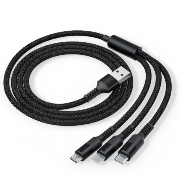 激抵Y109010012【2條裝】一拖三充電線 適用於蘋果安卓Type-c一拖三数据線 圓頭三合一快充（鎧甲一拖三【1.2米】黑色）