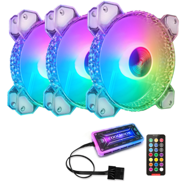 Cool Moon RGB Fan 12cm Silent Diamond Aperture Computer Phantom Color ARGB Motherboard Sync Case Fan (3 Diamond Fans + Standard Controller)
