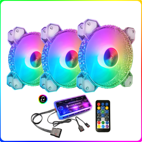 Cool Moon RGB Fan 12cm Silent Diamond Aperture Computer Fantasy Color ARGB Motherboard Sync Case Fan (3 Diamond Fans + Music ARGB Controller)