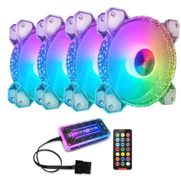 Cool Moon Diamond RGB Fan 12cm Silent Diamond Aperture Computer Phantom Color ARGB Motherboard Sync Case Fan (4 Diamond Fans + Standard Controller)