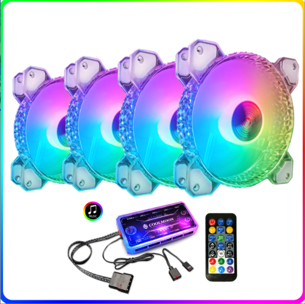 Cool Moon RGB Fan 12cm Silent Diamond Aperture Computer Fantasy ARGB Motherboard Sync Case Fan (4 Diamond Fans + Music ARGB Controller)