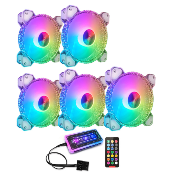 Cool Moon RGB Fan 12cm Silent Diamond Aperture Computer Phantom Color ARGB Motherboard Sync Case Fan (5 Diamond Fans + Standard Controller)
