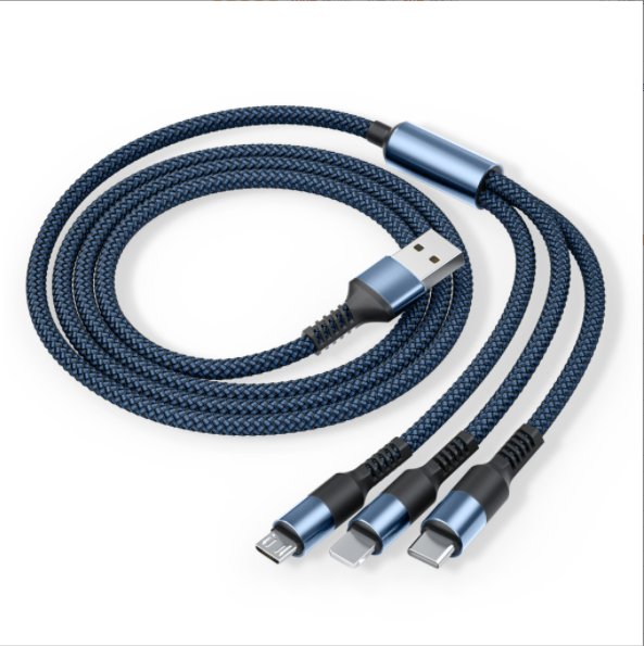 爆款【2條裝】一拖三充電線 適用於蘋果安卓Type-c一拖三数据線 圓頭三合一快充（鎧甲一拖三【1.2米】藍色）