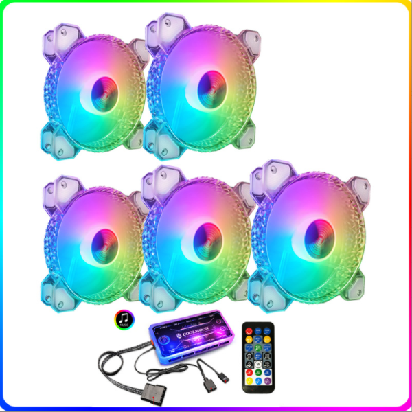 Cool Moon RGB Fan 12cm Silent Diamond Aperture Computer Fantasy ARGB Motherboard Sync Case Fan (5 Diamond Fans + Music ARGB Controller)