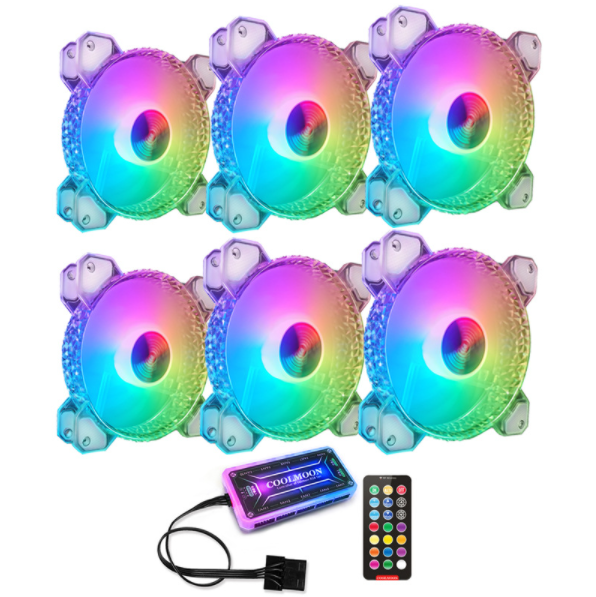 Cool Moon RGB Fan 12cm Silent Diamond Aperture Computer Phantom ARGB Motherboard Sync Case Fan (6 Diamond Fans + Standard Controller)