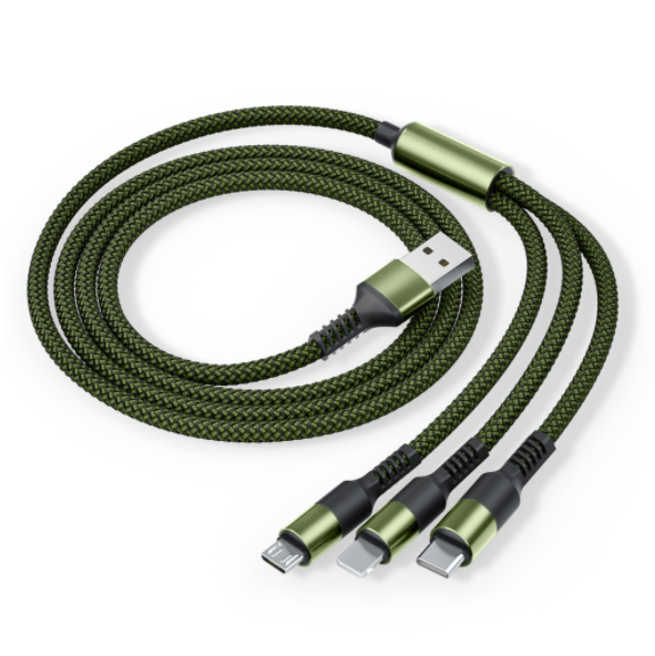 激抵【2條裝】一拖三充電線 適用於蘋果安卓Type-c一拖三数据線 圓頭三合一快充（鎧甲一拖三【1.2米】綠色）