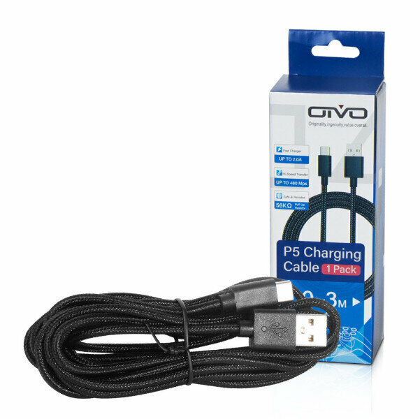 Compatible with PS5 USB charging cable Type-C braided cable cable length 3 meters with transmission function compatible with PS5 charging cable (black)