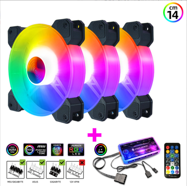 Cool Moon Yuhuan 14cm Case Fan Silent Glowing 14025 Computer Cooling Fan Desktop ARGB Fan (3 x 14CM Yuhuan RGB Fans + 1 Set of Music ARGB Controller)