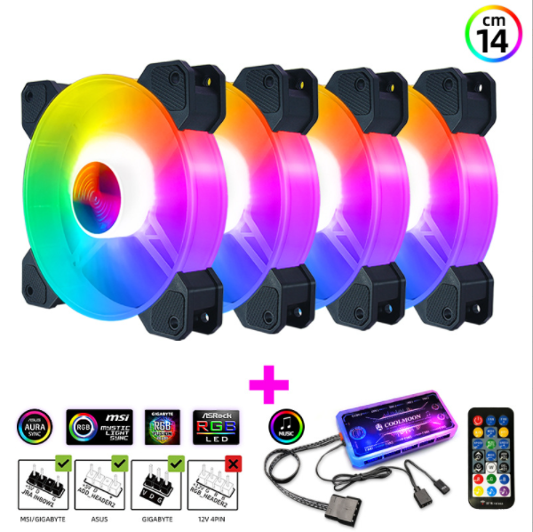 Cool Moon Yuhuan 14cm Case Fan Silent Glowing 14025 Computer Cooling Fan Desktop ARGB Fan (4 x 14CM Yuhuan RGB Fans + 1 Set of Music ARGB Controller)