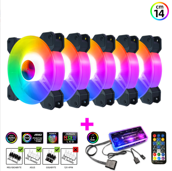 Cool Moon Yuhuan 14cm Case Fan Silent Illumination 14025 Computer Cooling Fan Desktop ARGB Fan (5 x 14CM Yuhuan RGB Fans + 1 Set of Music ARGB Controller)
