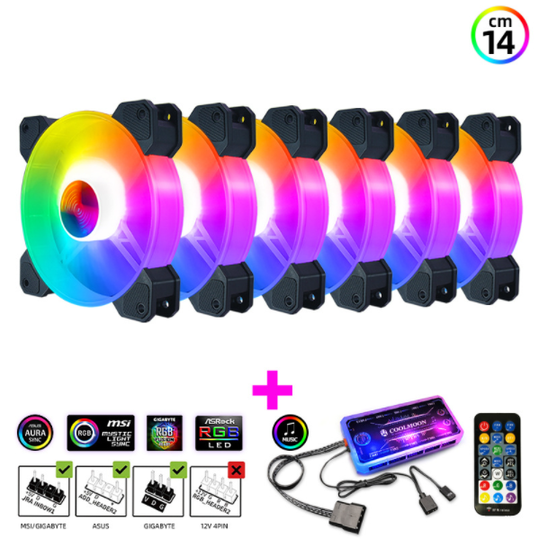 Cool Moon Yuhuan 14cm Case Fan Silent Glowing 14025 Computer Cooling Fan Desktop ARGB Fan (6 x 14CM Yuhuan RGB Fans + 1 Set of Music ARGB Controller)