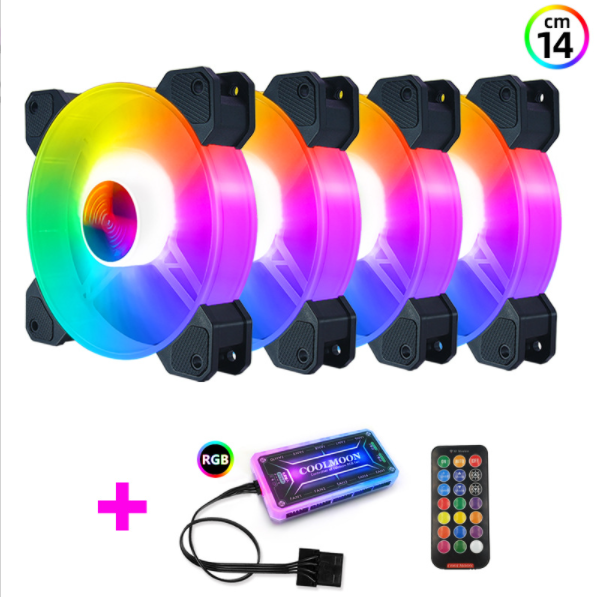 Cool Moon Yuhuan 14cm Case Fan Silent Glowing 14025 Computer Cooling Fan Desktop ARGB Fan (4 x 14CM Yuhuan RGB Fans + 1 Set of Standard Controllers)