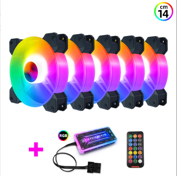 Cool Moon Yuhuan 14cm Case Fan Silent Glowing 14025 Computer Cooling Fan Desktop ARGB Fan (5 x 14CM Yuhuan RGB Fans + 1 Set of Standard Controllers)