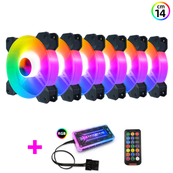 Cool Moon Yuhuan 14cm Case Fan Silent Glowing 14025 Computer Cooling Fan Desktop ARGB Fan (6 x 14CM Yuhuan RGB Fans + 1 Set of Standard Controllers)