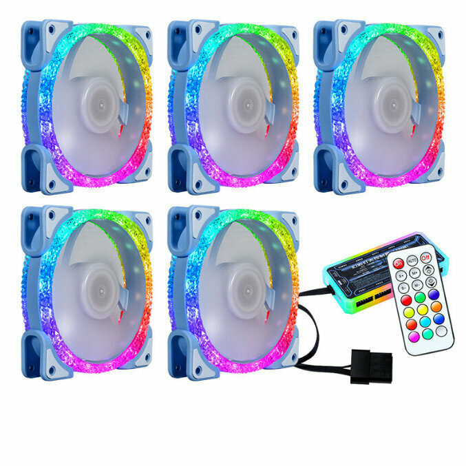 Computer Chassis CPU Cooler Colorful Large Airflow Silent Fan Set (5 Blue Fans + Standard Controller Set)