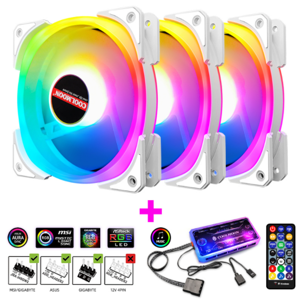 Cool Moon Double Pride II Case Fan 12cm Silent Inside and Outside Glowing 5VARGB Synchronous Desktop RGB Fan (3 x Double Pride II Fans + 1 Set of Music ARGB Controller)