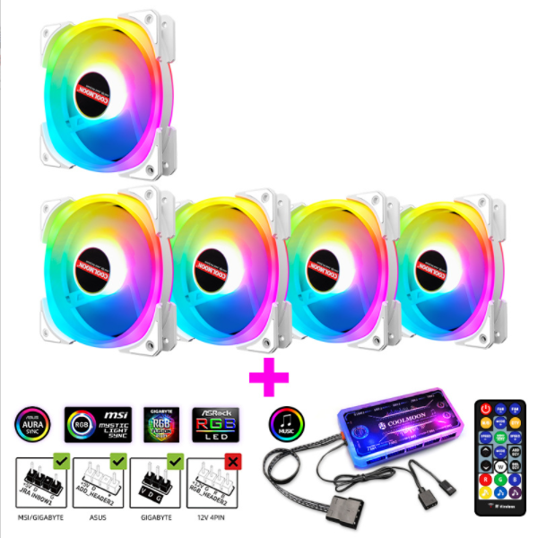Cool Moon Double Pride II Case Fan 12cm Silent Inside and Outside Luminous 5VARGB Synchronous Desktop RGB Fan (5 x Double Pride II Fans + 1 Set of Music ARGB Controller)