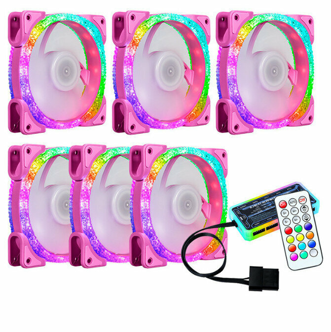Computer Chassis CPU Cooler Silent Fan Set (6 Pink Fans + Standard Controller Set)
