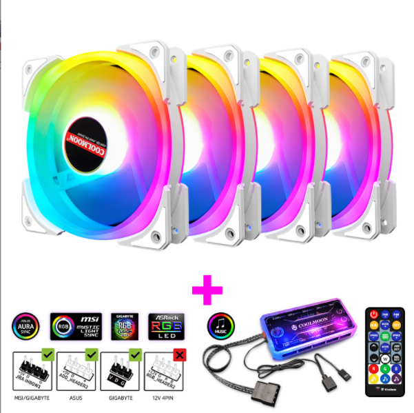 Cool Moon Double Pride II Case Fan 12cm Silent Inside and Outside Glowing 5VARGB Synchronous Desktop RGB Fan (4 x Double Pride II Fans + 1 Set of Music ARGB Controller)