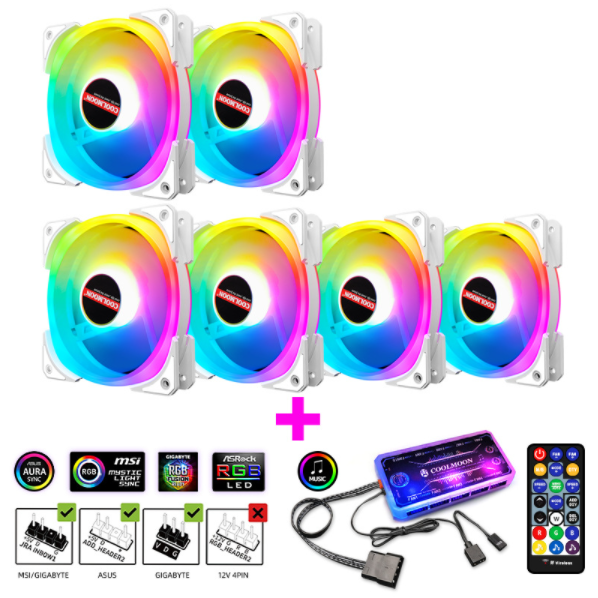 Cool Moon Twin II Case Fan 12cm Silent Inside and Outside Luminous 5VARGB Synchronous Desktop RGB Fan (6 Twin Fans II + 1 Set of Music ARGB Controller)