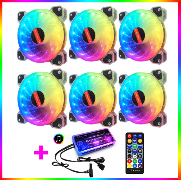 Cool Moon RGB Fan 12cm Case Fan Silent Illumination Desktop Silent Cooling Fan (6 Jade RGB Fans + 1 Set of Music Controllers)