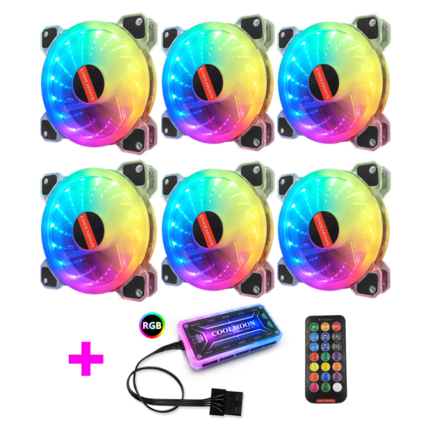Cool Moon RGB Fan 12cm Case Fan Silent Illumination Desktop Silent Cooling Fan (6 Jade RGB Fans + 1 Standard Controller)