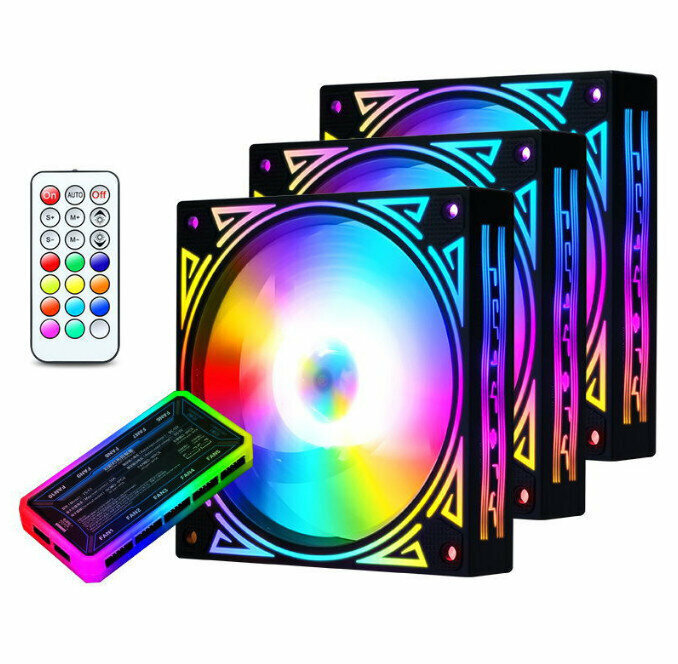 Computer Case RGB Color Changing Radiator Large Airflow Silent Cooling Fan (3 Fans + 1 Set of Controllers)