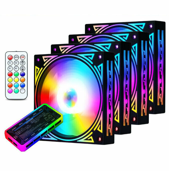 Computer Case RGB Color Changing Radiator Large Airflow Silent Cooling Fan (4 Fans + 1 Set of Controllers)