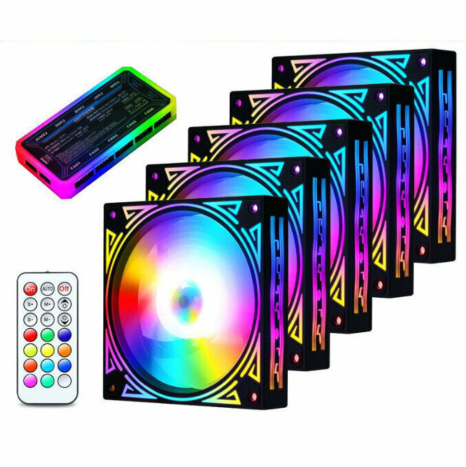 Computer Case RGB Color Changing Radiator Large Airflow Silent Cooling Fan (5 Fans + 1 Set of Controllers)