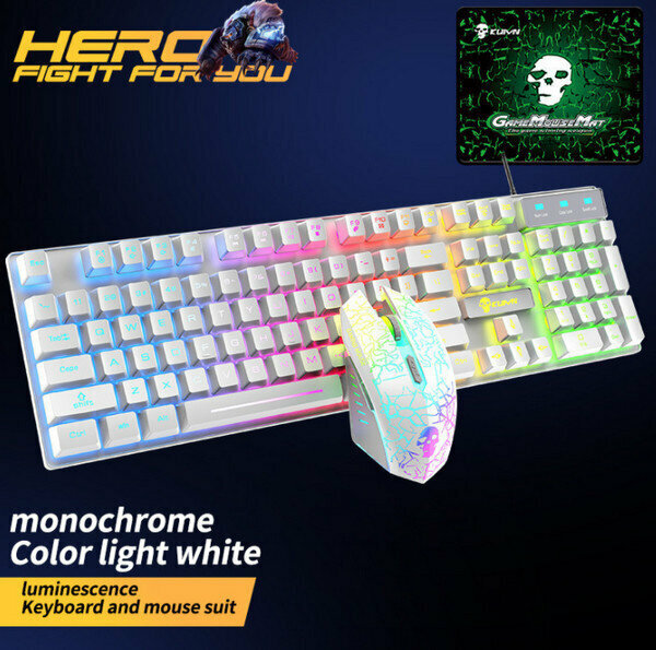 Wired RGB Gaming Mechanical Keyboard and Mouse-T6 White Monochrome Rainbow Glowing Set