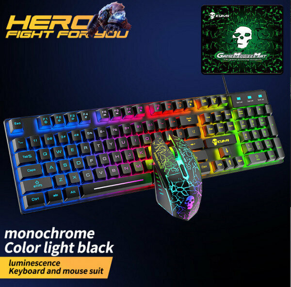 Wired RGB Gaming Mechanical Keyboard and Mouse-T6 Black Monochrome Rainbow Glow Set