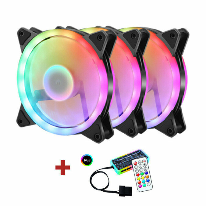 Computer Case RGB Color Changing Radiator Large Airflow Silent Cooling Fan (3 x Dual Loop RGB + One Set (Upgraded) Light Controller)