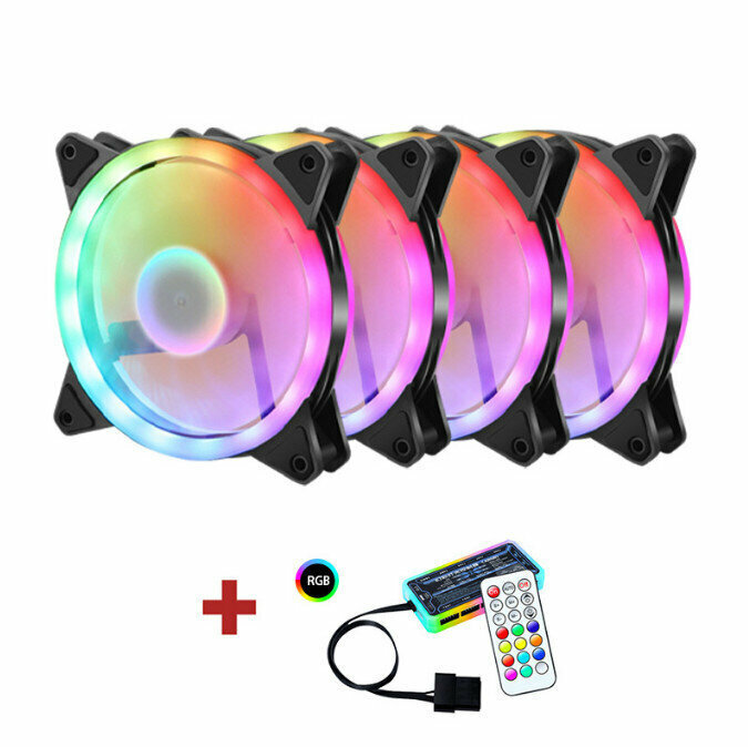 Computer Case RGB Color Changing Radiator Large Airflow Silent Cooling Fan (4 x Dual Loop RGB + One Set (Upgraded) Light Controller)