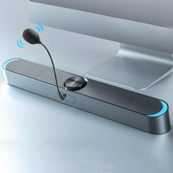 Computer Audio, Home Desktop Small Speaker, Notebook, Wired Mini Strip, Universal Subwoofer (V-198 Bluetooth Black + Microphone)