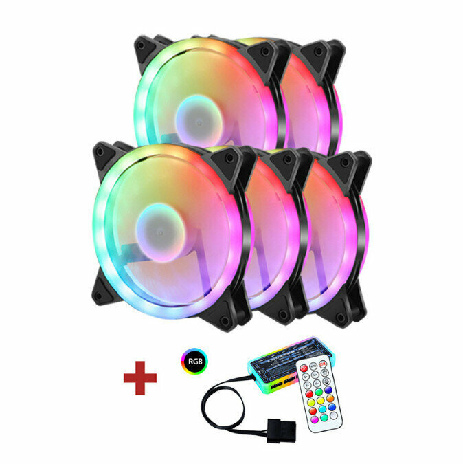 Computer Case RGB Color Changing Radiator Large Airflow Silent Cooling Fan (5 Dual Loop RGB + One Set (Upgraded) Luminous Controller)