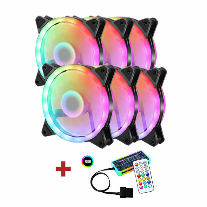 Computer Case RGB Color Changing Radiator Large Airflow Silent Cooling Fan (6 x Dual Loop RGB + One Set (Upgraded) Light Controller)