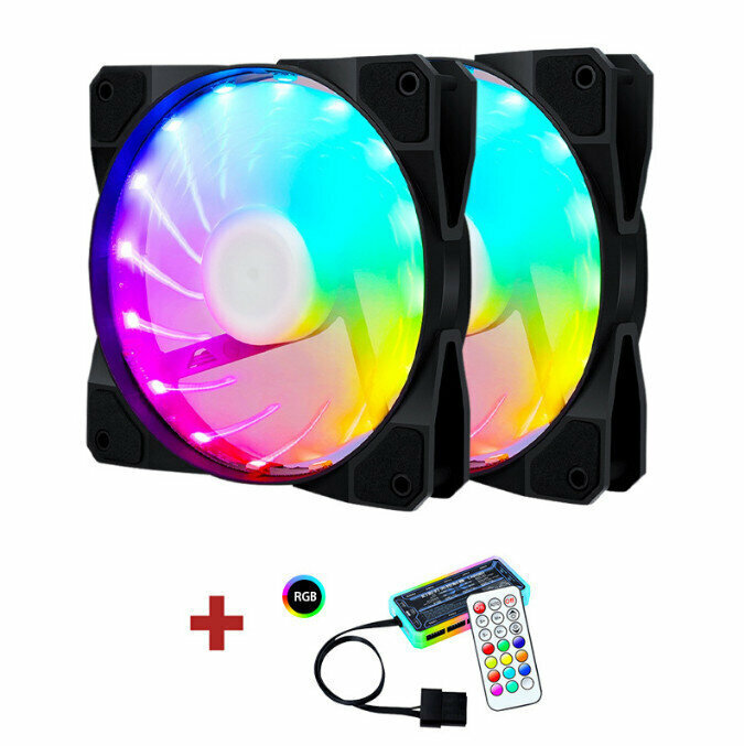 Computer Case RGB Color Changing Radiator Large Airflow Silent Cooling Fan (2 x 15 Lights + Controller Set)