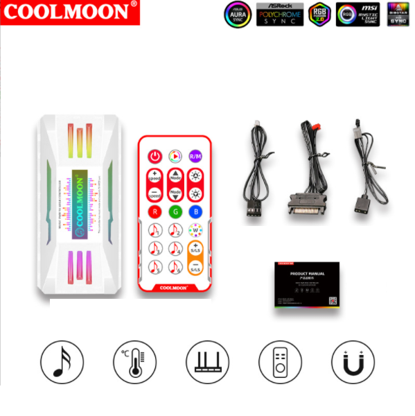 COOLMOON Temperature Control Cooling Fan 12CM Dual Aperture Computer Water Cooling 5V Shenguang Synchronous ARGB Case Fan (Music Temperature Control ARGB 4-in-1 [White])